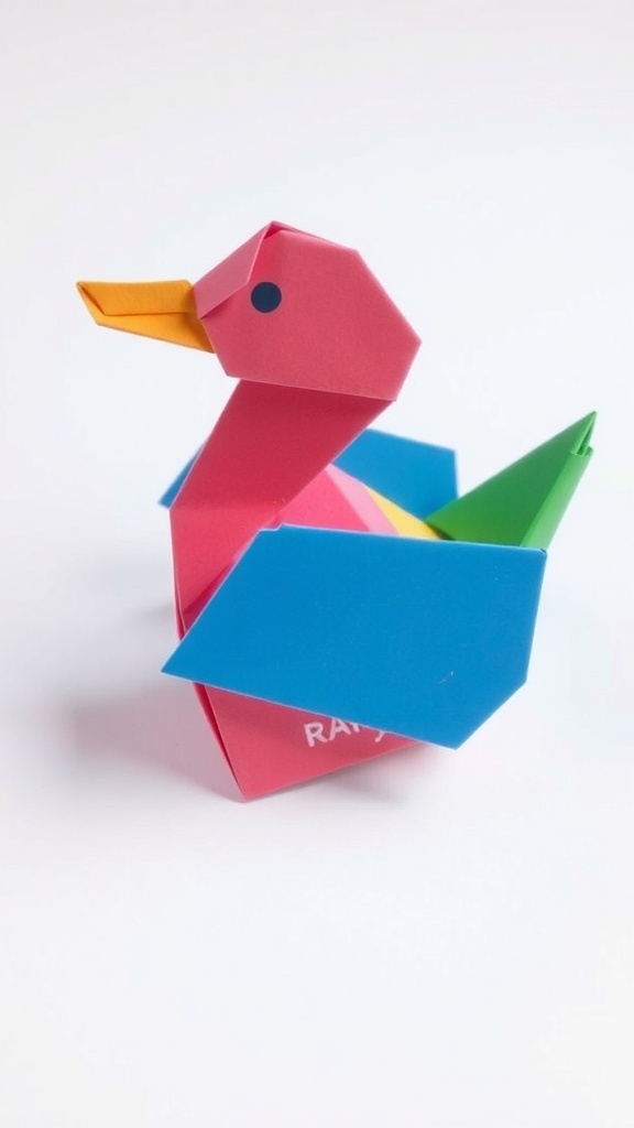 Simple Duck Origami Instructions An origami duck made from colorful paper, demonstrating the art of paper folding.